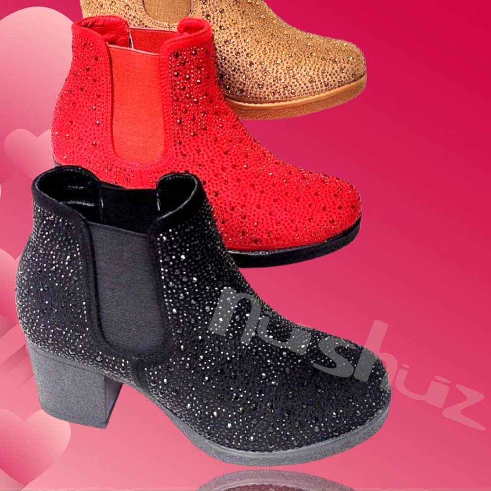 Christmas Holiday Red Rhinestone Metallic Embellished Slip On Chelsea Bootie - Picture 5 of 8